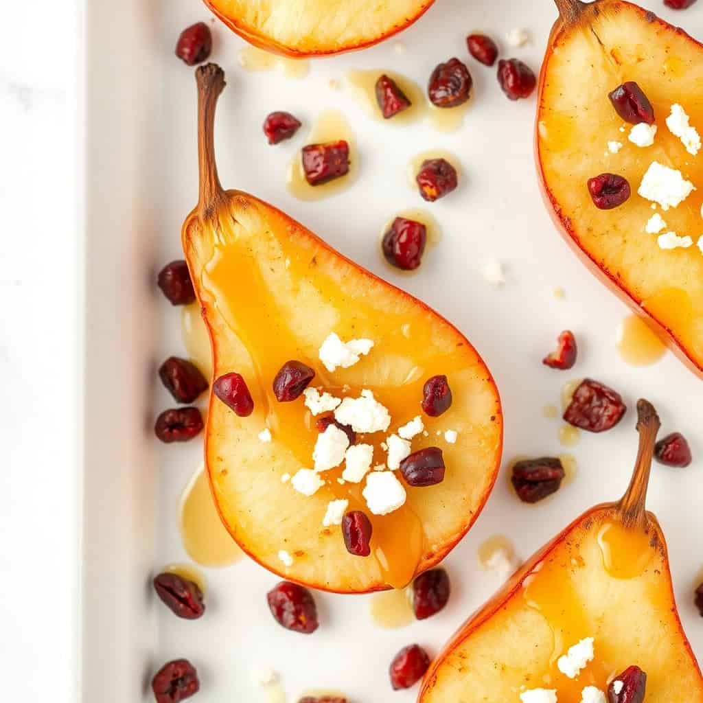 Baked pear halves topped with crumbled feta cheese, pomegranate seeds, and honey on white plate.