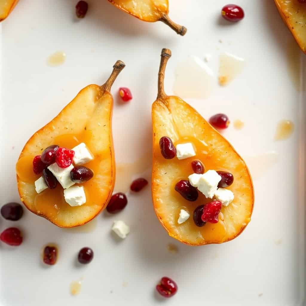 Two halved baked pears with golden caramelized skin topped with crumbled feta, cranberries, and honey on white plate.