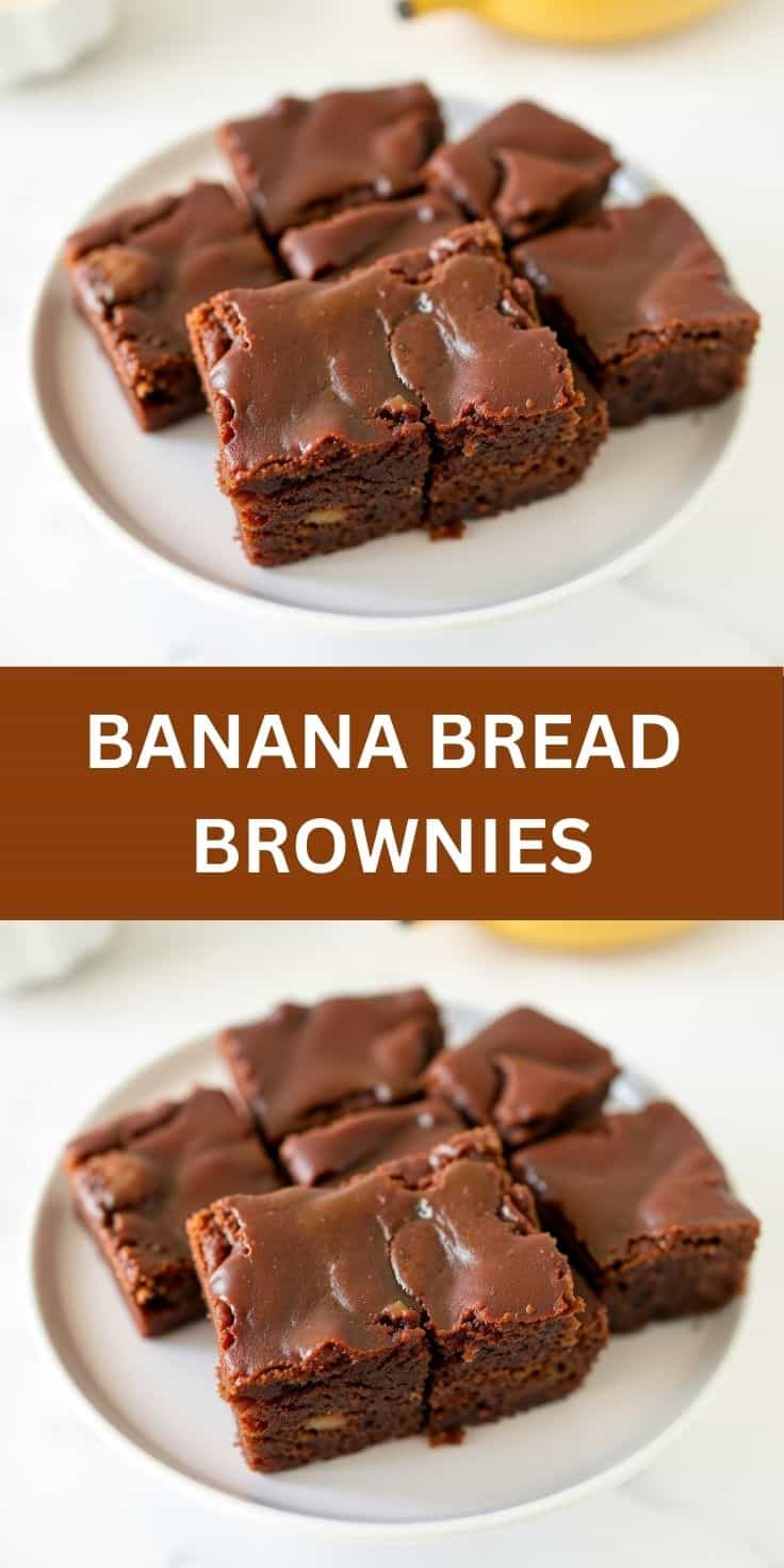 Banana bread brownies cut into squares on a white plate, showing chocolate frosting and dense crumb texture.