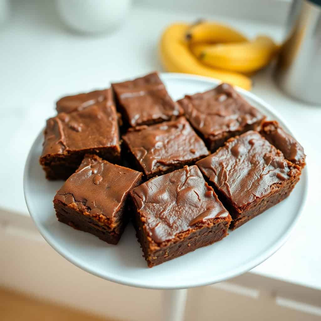 Chocolate banana bread brownies cut into squares on a white plate with fresh bananas in background.