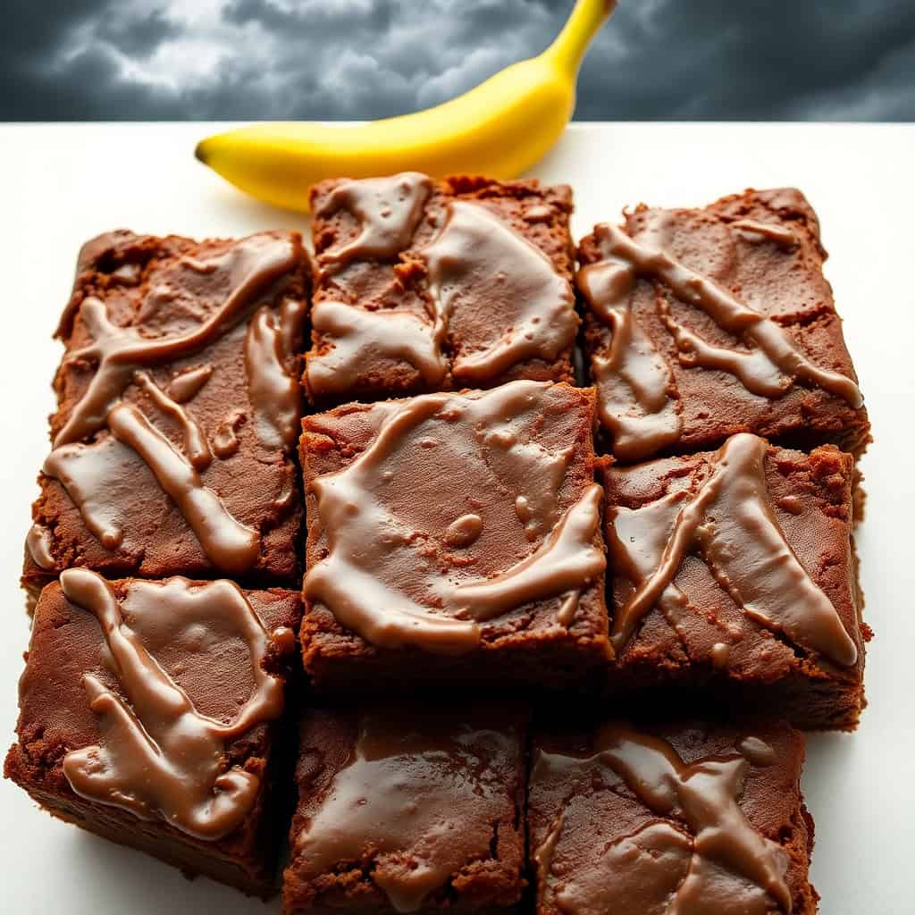 Chocolate banana bread brownies cut into squares with frosting swirls and fresh banana on white plate.