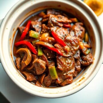 crock pot pepper steak plated over rice savory sauce