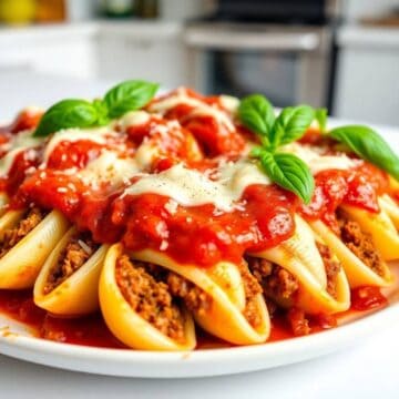 Beef-stuffed shells topped with tomato sauce, melted cheese, and fresh basil on a white plate.