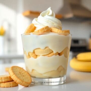 Layered banana pudding in glass cup with vanilla wafers, whipped cream, and cookie garnish.