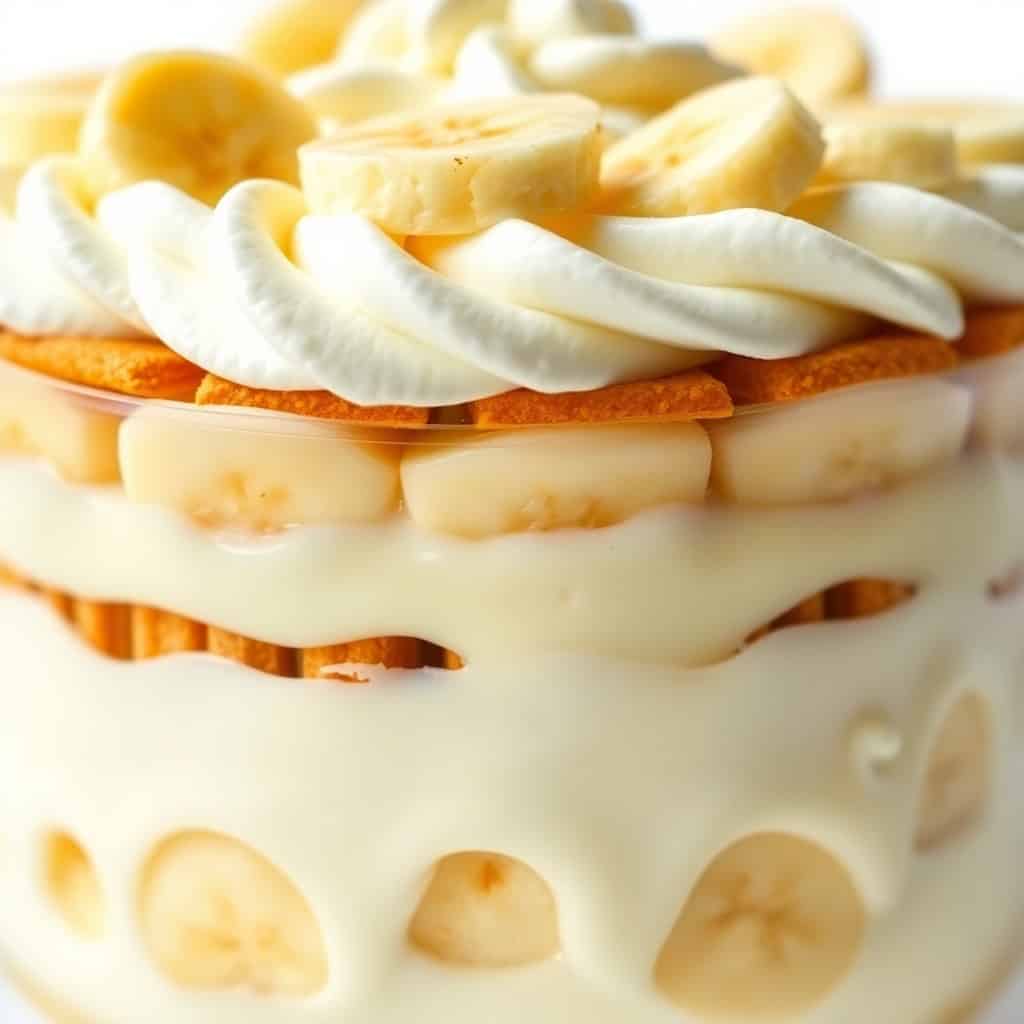 Layered banana pudding with vanilla wafers, sliced bananas, creamy custard, and whipped cream topping.