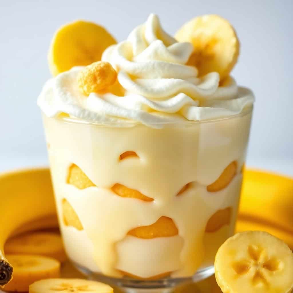 Banana pudding layered with vanilla cream, whipped topping, and banana slices in a clear glass.