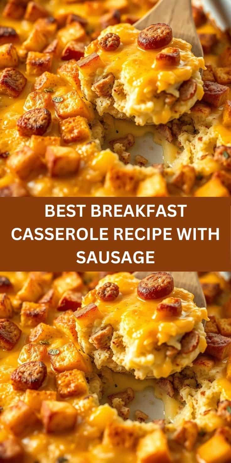 Golden breakfast sausage casserole with melted cheese and cubed bread on parchment paper.