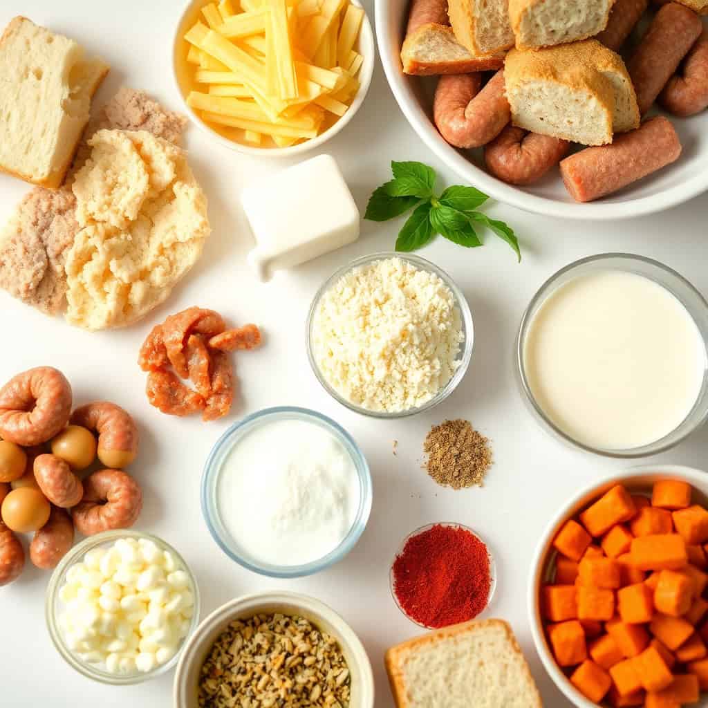 Breakfast casserole ingredients laid out on white surface including sausage, cheese, bread, eggs, and vegetables.