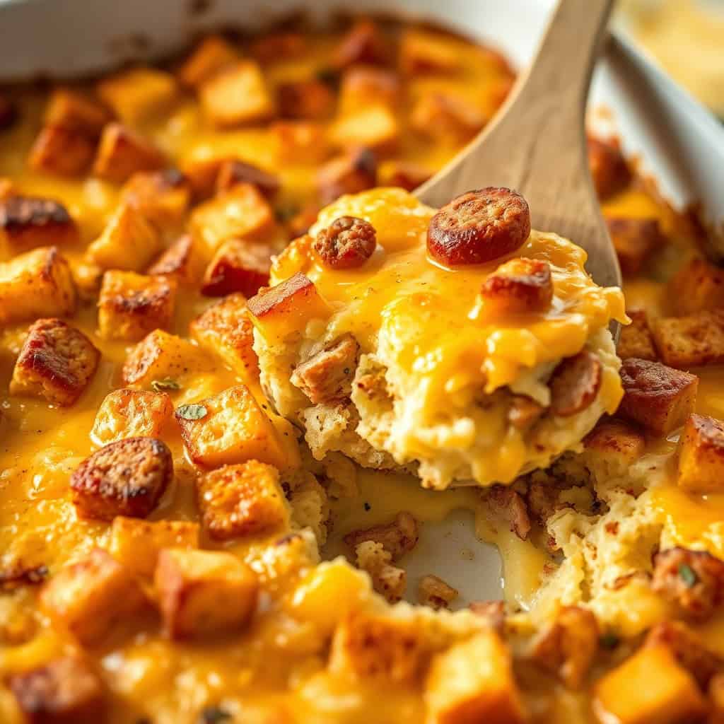 Breakfast casserole with melted cheese, sausage pieces, and golden-brown crust in baking dish.