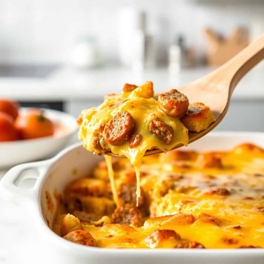 Breakfast sausage casserole with melted cheese being lifted on wooden spoon from white baking dish.