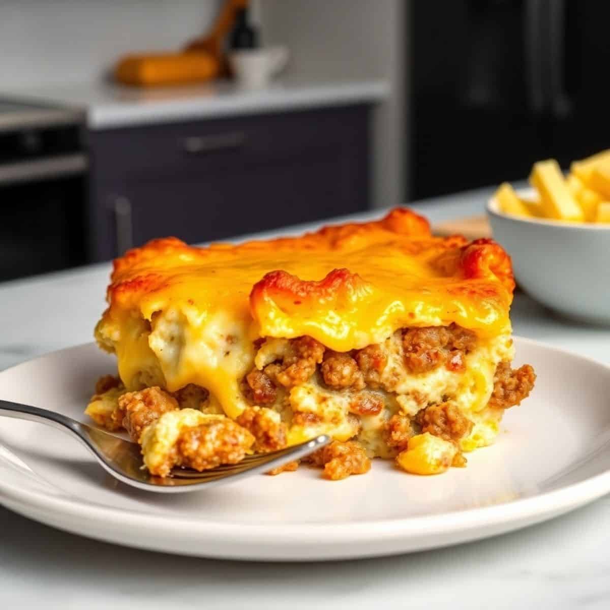 Golden-brown sausage breakfast casserole with melted cheese on white plate with fork.