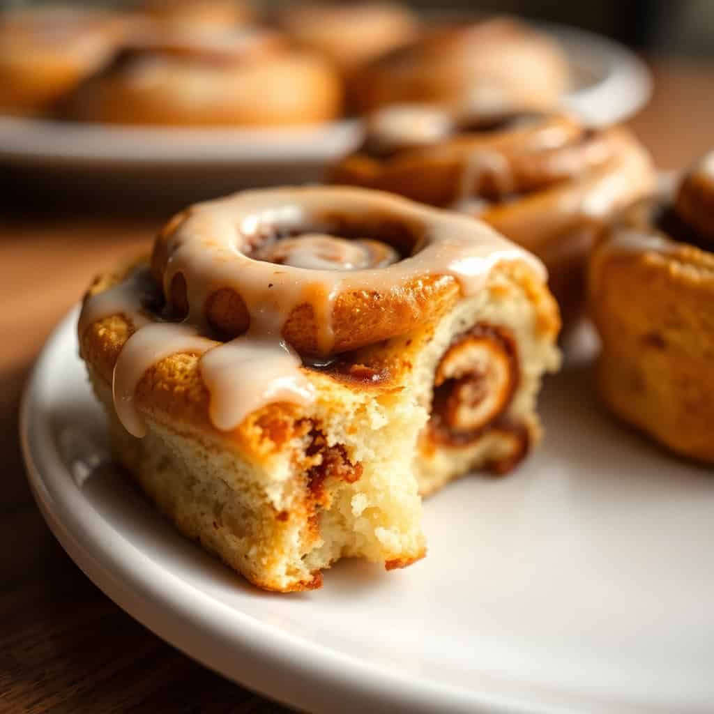 Homemade cinnamon rolls with white glaze on white plates, showing swirled dough and cinnamon filling.