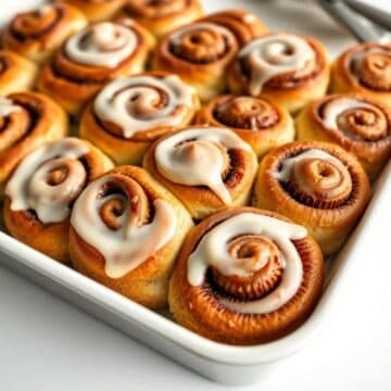 Freshly baked cinnamon rolls with white cream cheese frosting in a white baking dish.
