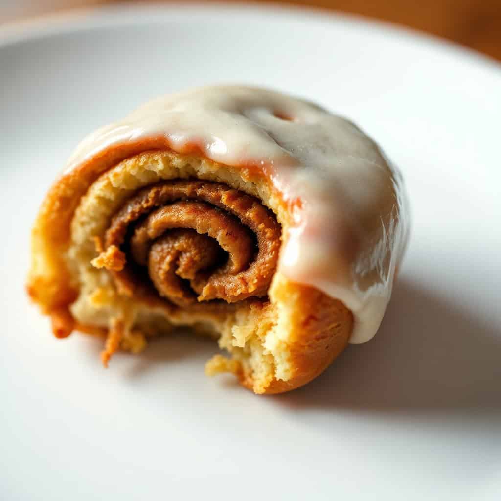 Homemade cinnamon roll with white cream cheese frosting on white plate, showing spiral layers.