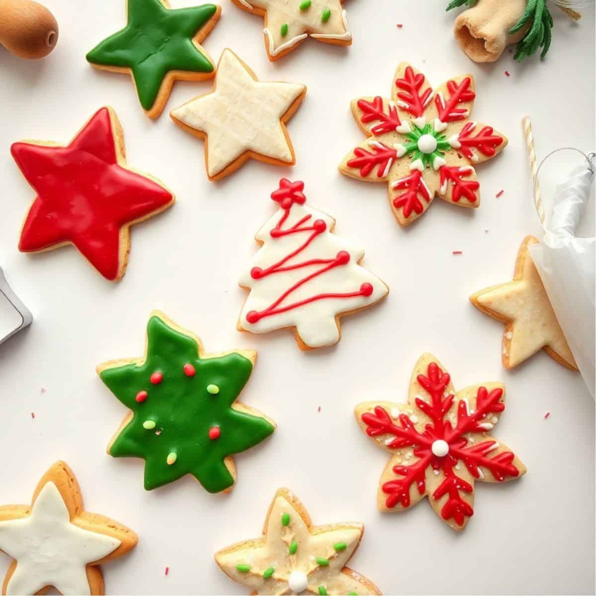 Decorated soft Christmas cookies with red, green, and white icing on white surface.