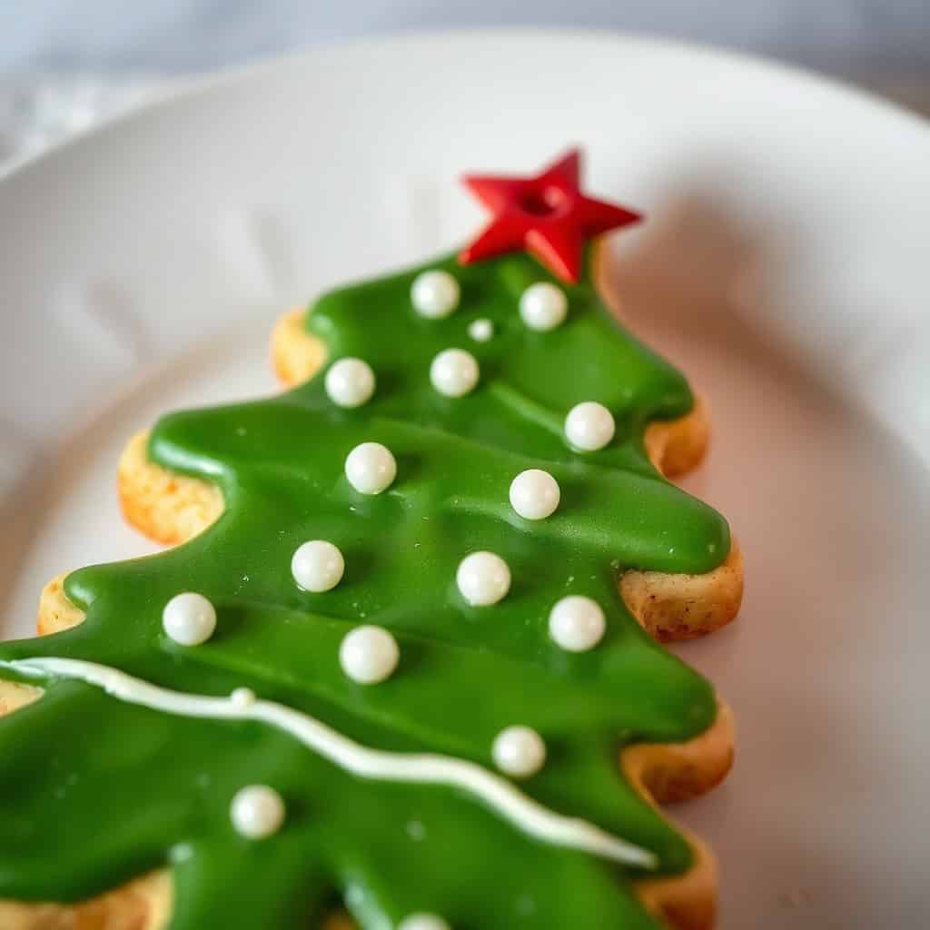 Green Christmas tree cookie decorated with white pearls and red star on white plate.