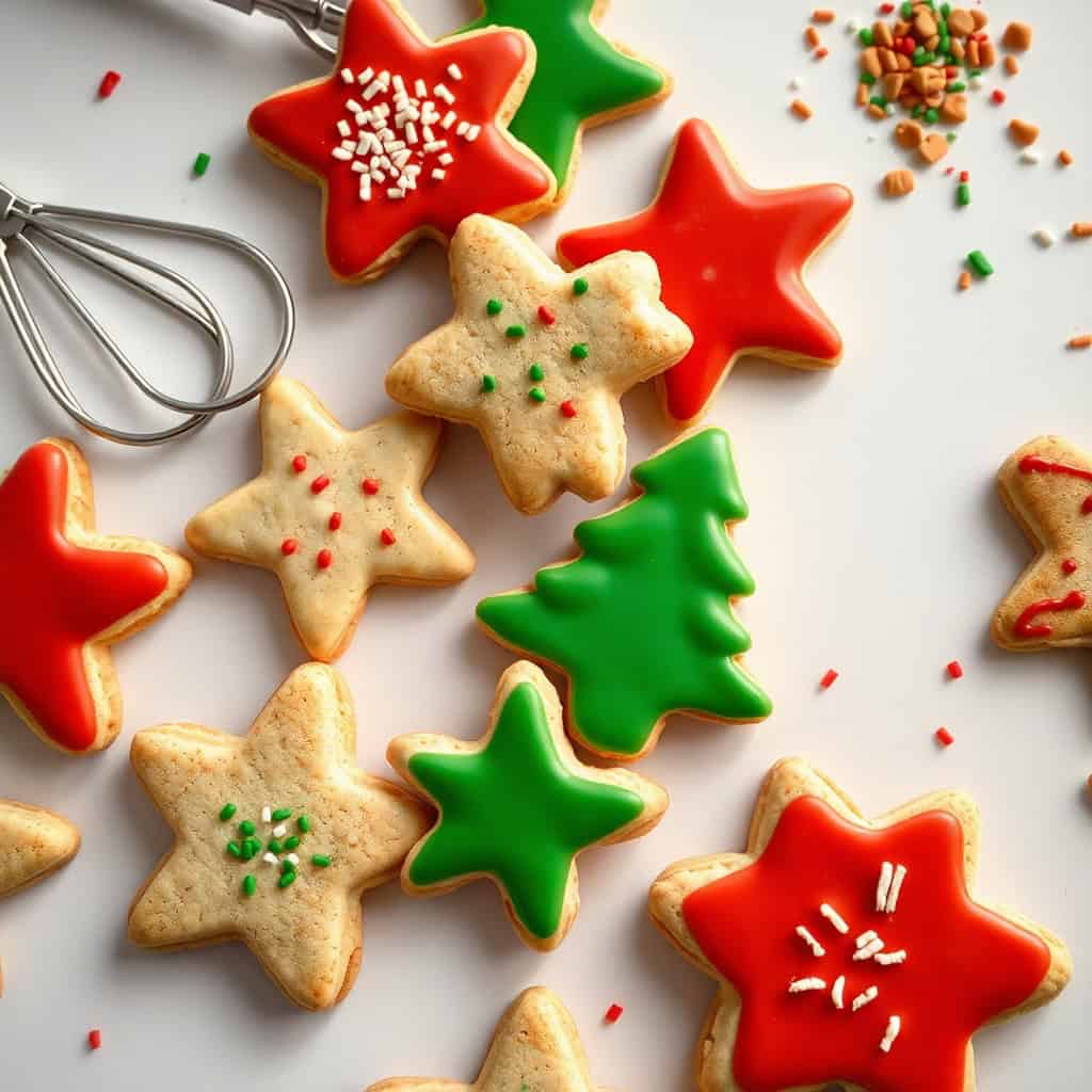 Decorated Christmas cookies with red and green icing, sprinkles, and gingerbread men on white surface.