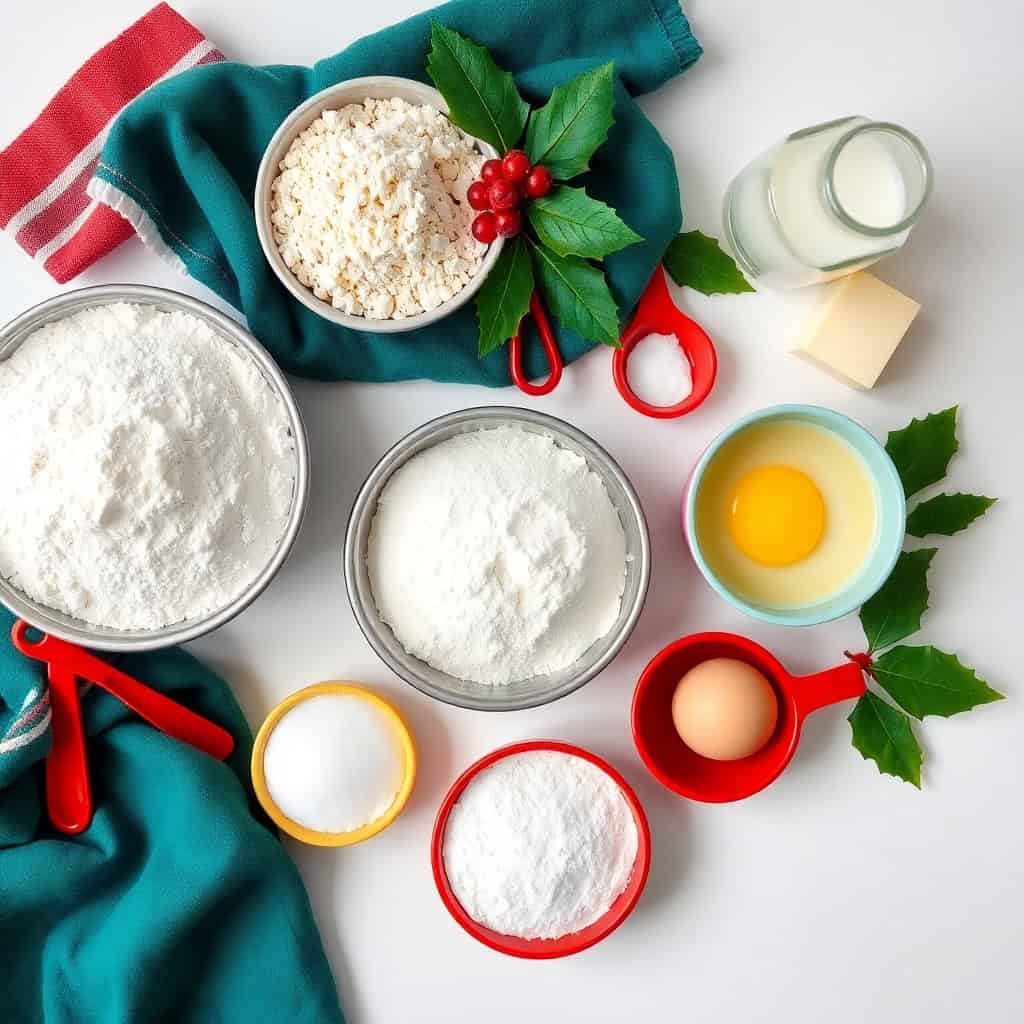 Ingredients for soft Christmas cookies arranged in bowls and measuring cups with festive garnish.