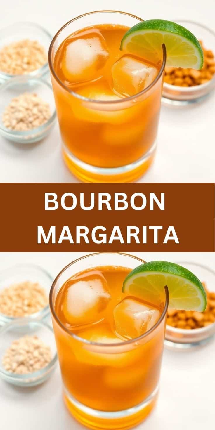 Bourbon margarita with ice and lime garnish, served in a glass with lime wheel and salt rim.