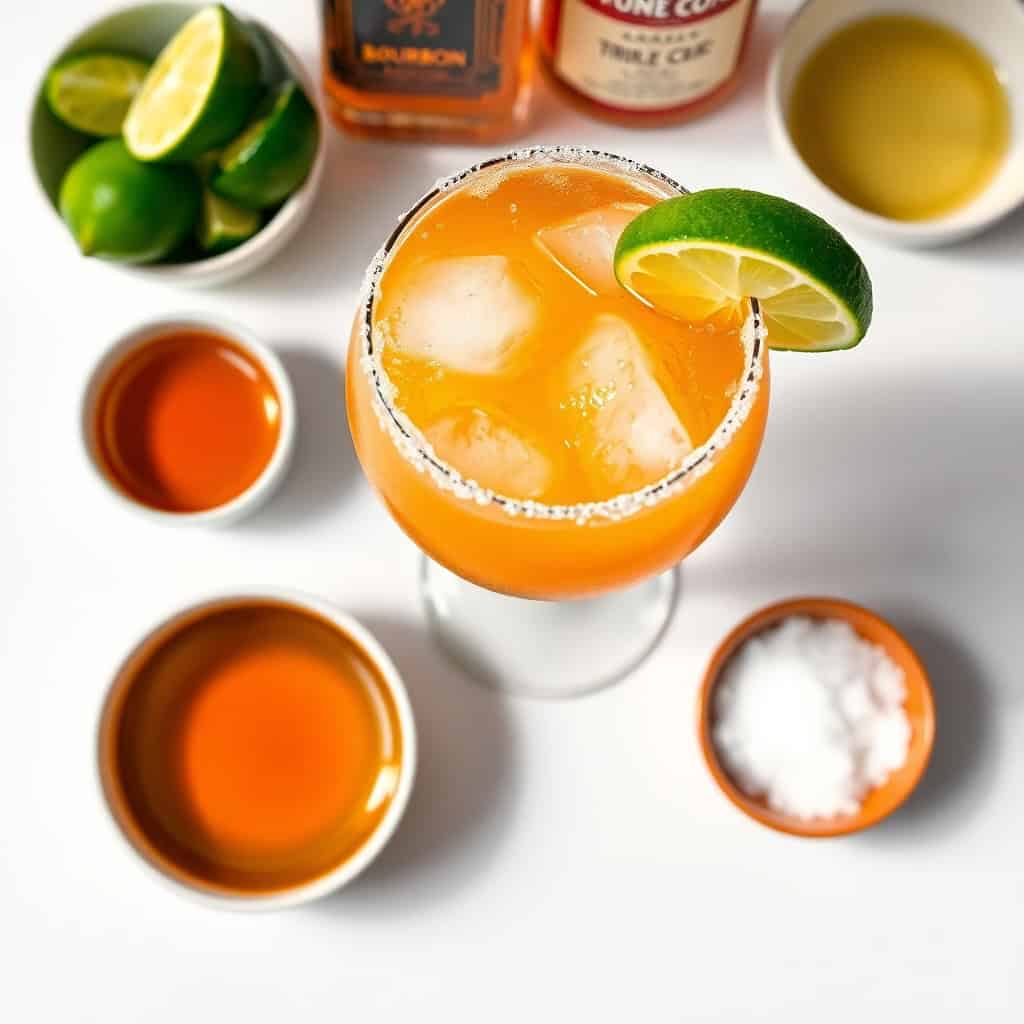 Bourbon margarita with salt rim, lime garnish, and ice in glass, surrounded by ingredients and bottles.