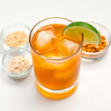 Bourbon margarita with ice, lime wedge garnish, and accompanying ingredients in small bowls.