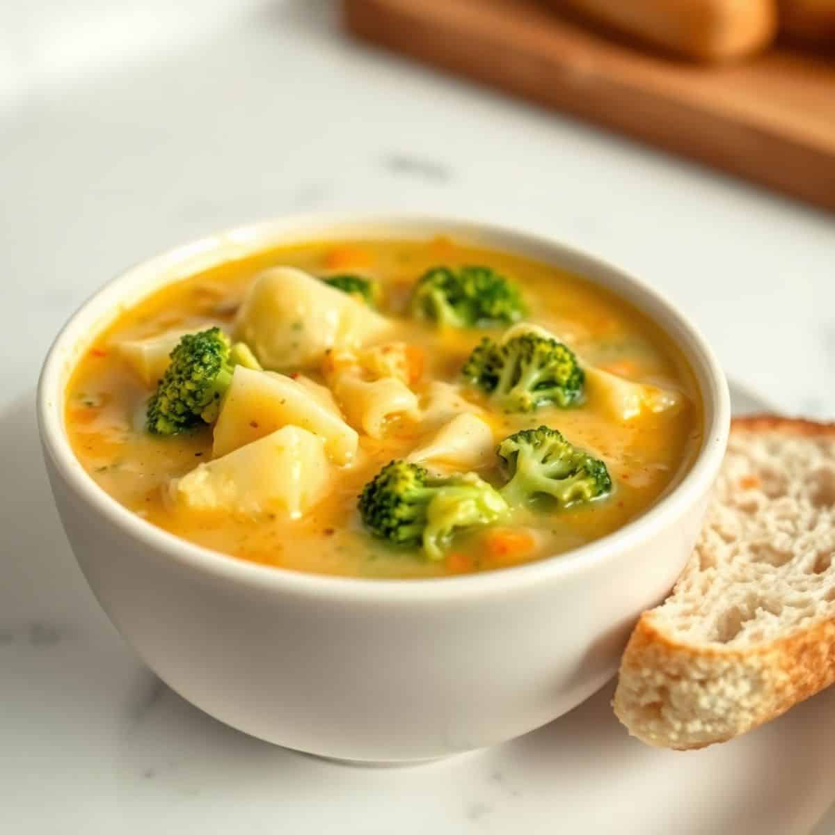 Broccoli potato cheese soup in white bowl served with toasted bread slices.