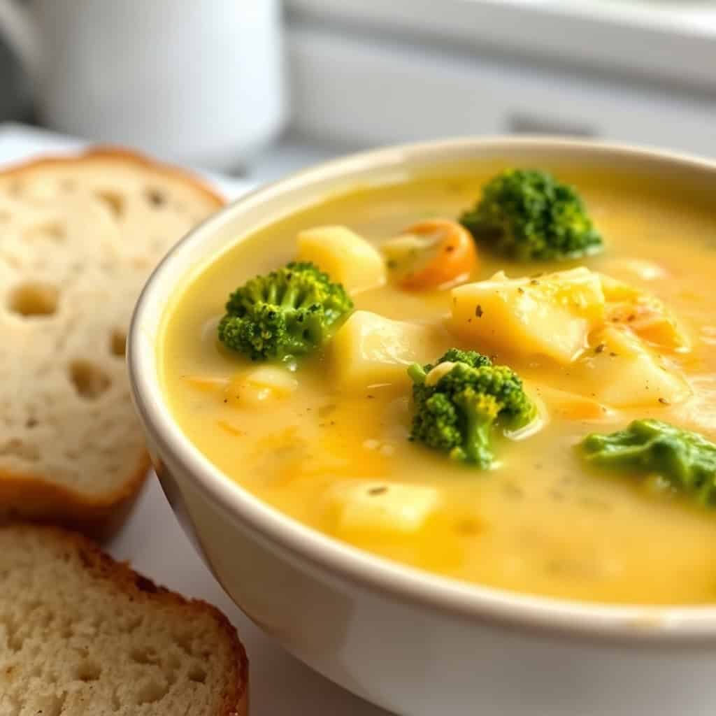Broccoli potato cheese soup in white bowl with bread slices, creamy golden broth garnished with florets.