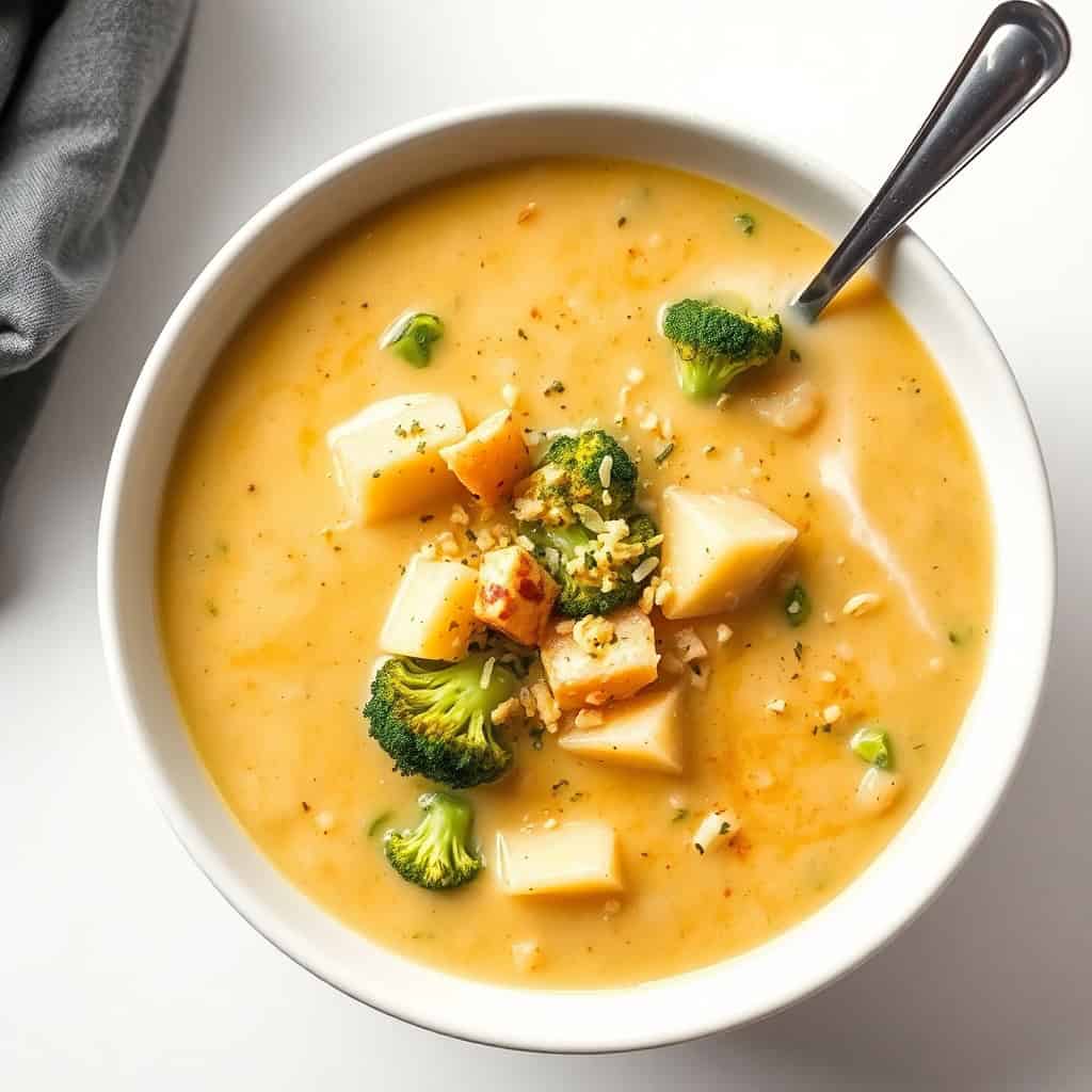 Broccoli potato cheese soup in white bowl, garnished with broccoli florets, diced potatoes, and black pepper.