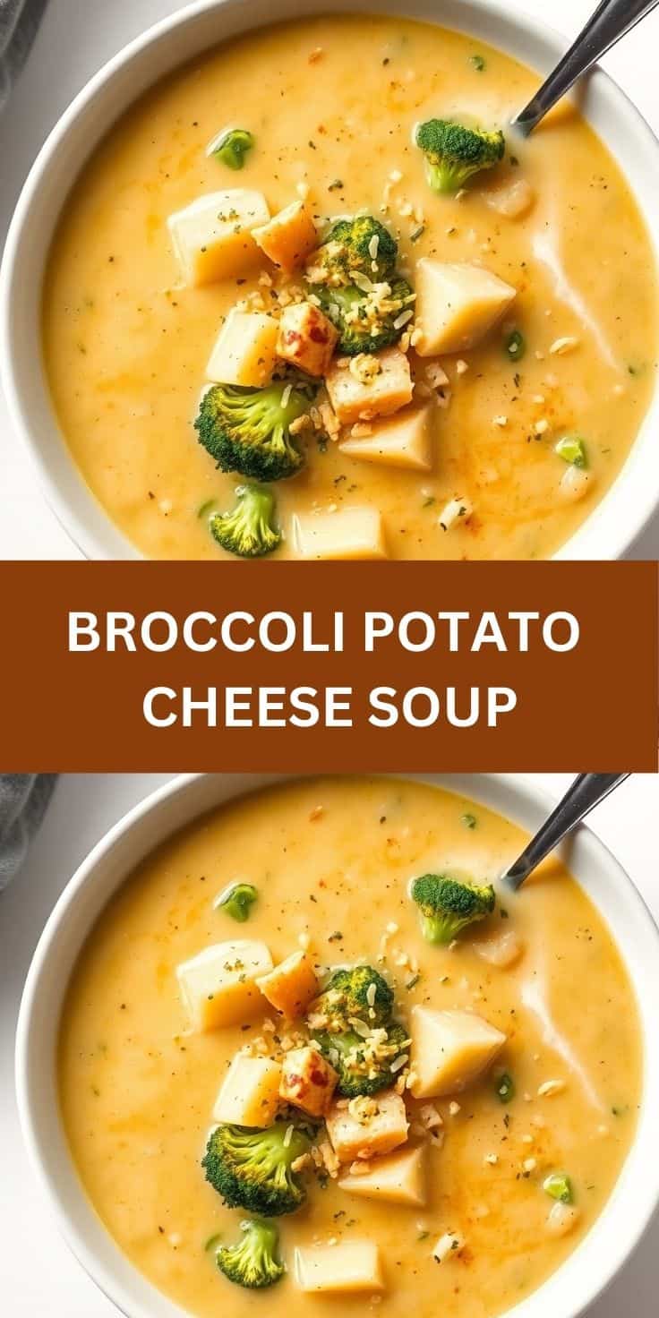 Two bowls of creamy broccoli potato cheese soup garnished with potatoes, broccoli florets, and green onions.
