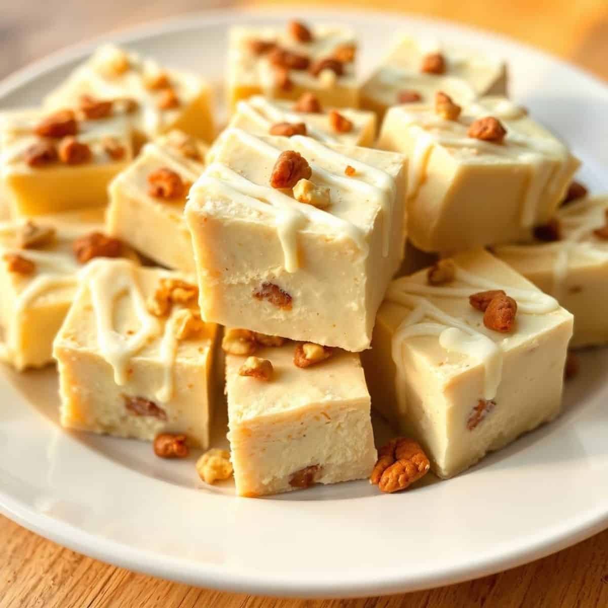 Buttered rum fudge squares with caramel swirl and crushed toffee bits on white plate.