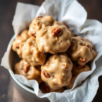 Buttermilk pecan pralines stacked in white parchment paper, golden-brown with pecan pieces visible.