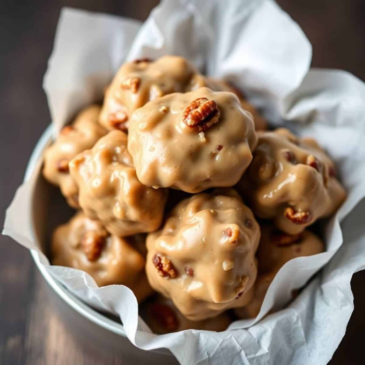 Buttermilk pecan pralines stacked in white parchment paper, golden-brown with pecan pieces visible.