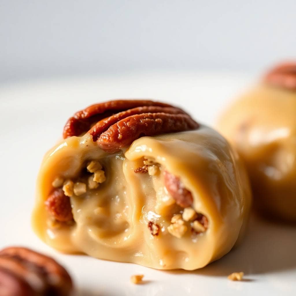 Buttermilk pecan pralines with caramel coating and pecan halves on white surface.