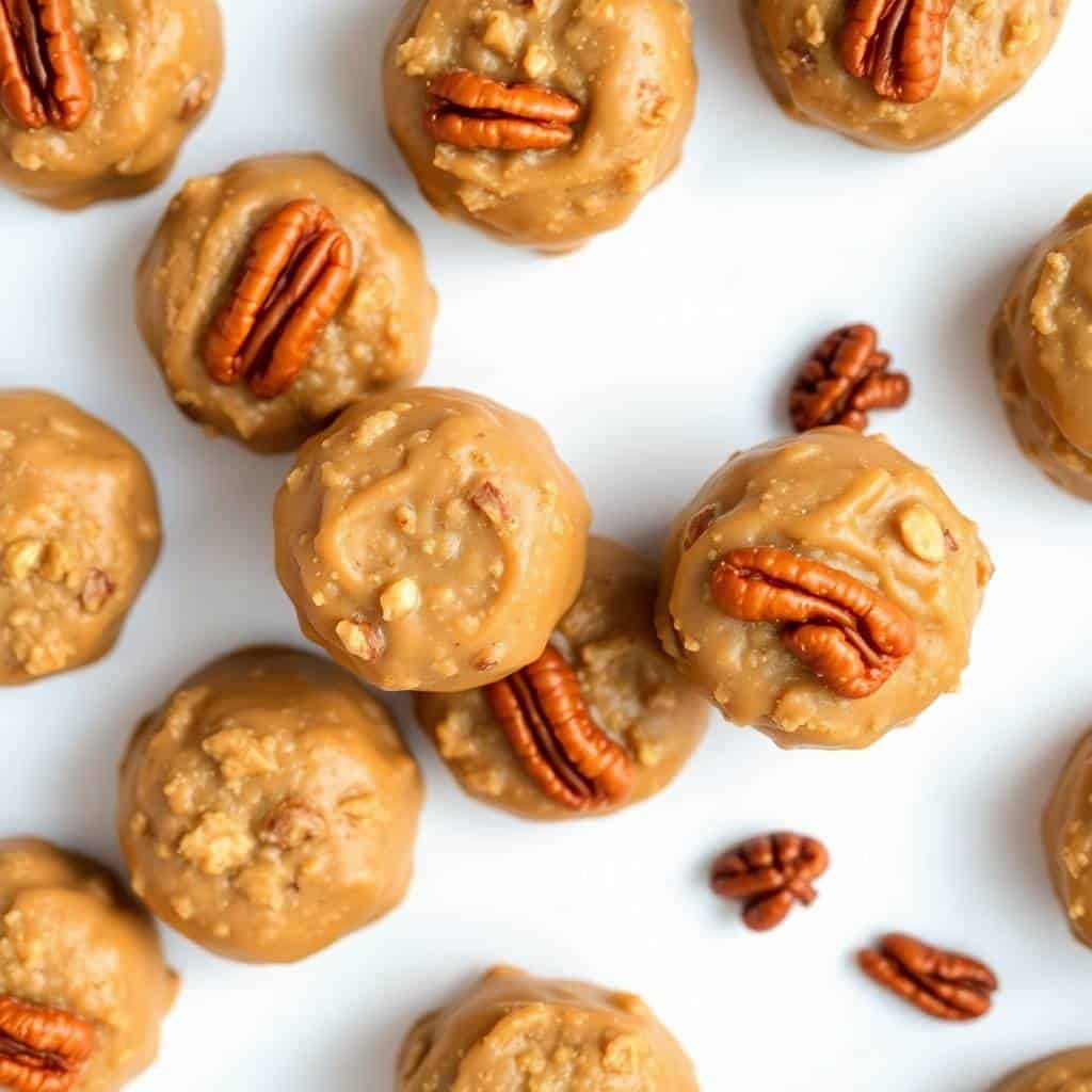 Buttermilk pecan pralines arranged on white surface, golden brown with pecan halves on top.