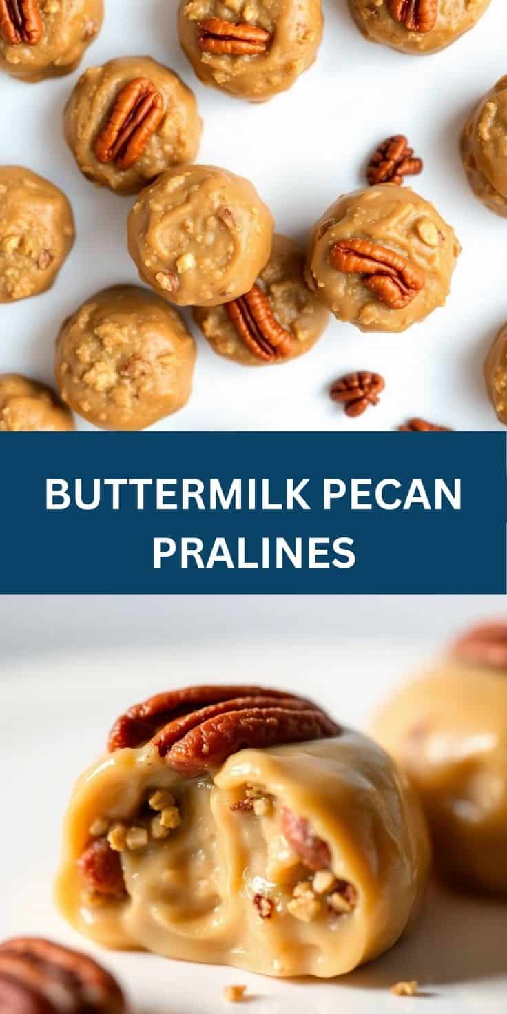 Buttermilk pecan pralines arranged on white surface, topped with pecan halves, showing creamy texture and golden-brown color.