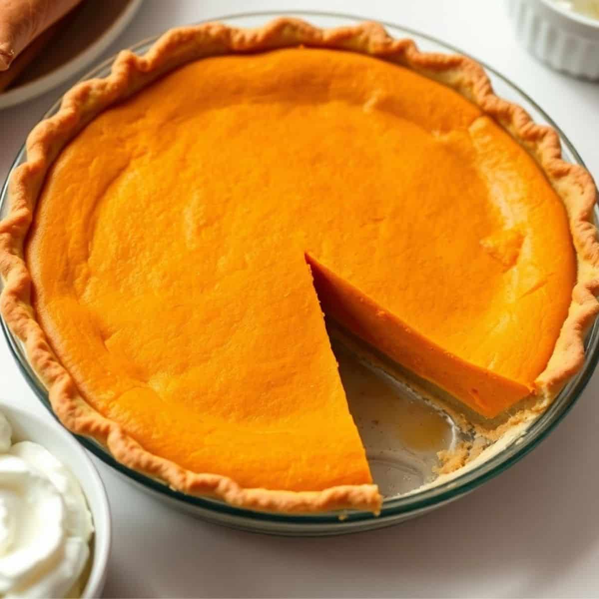 Buttermilk sweet potato pie with golden filling and fluted crust, one slice removed, on glass plate.