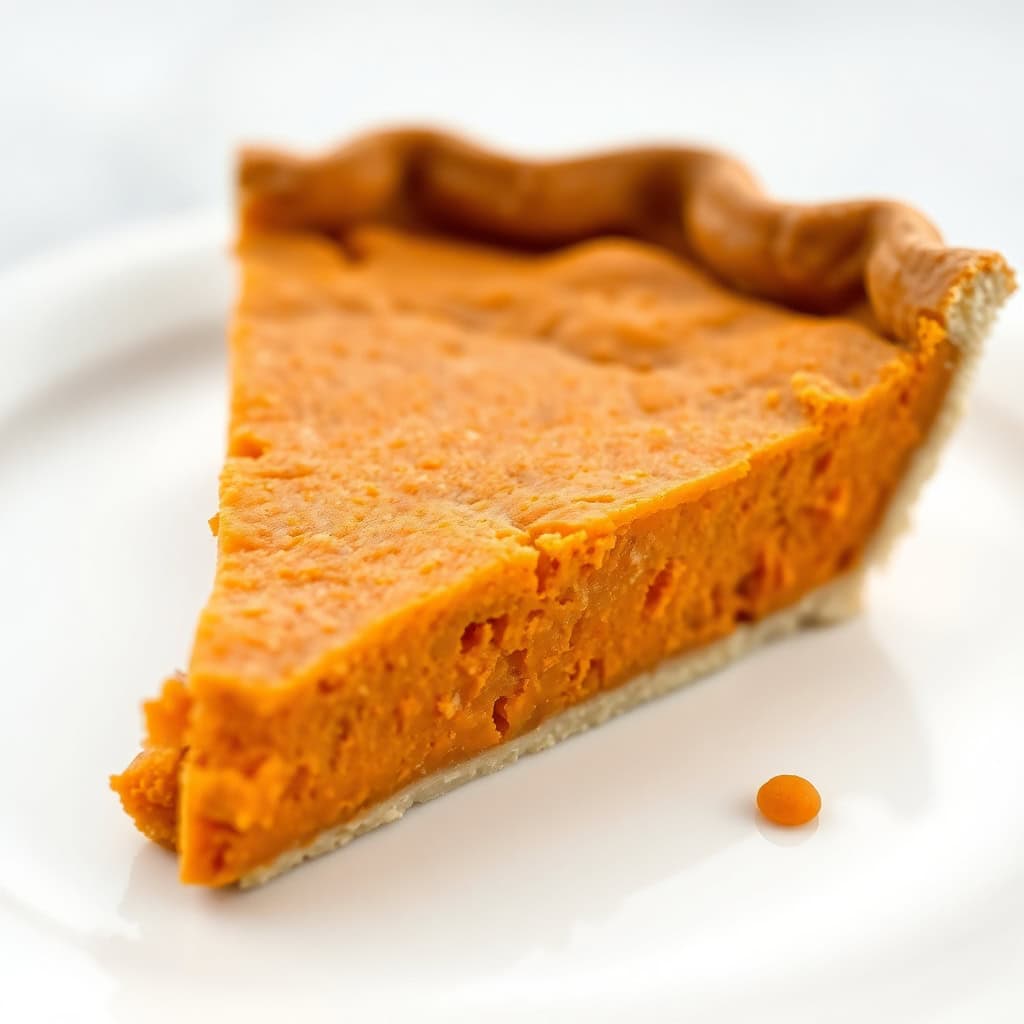 Slice of buttermilk sweet potato pie with fluted crust edge on white plate.