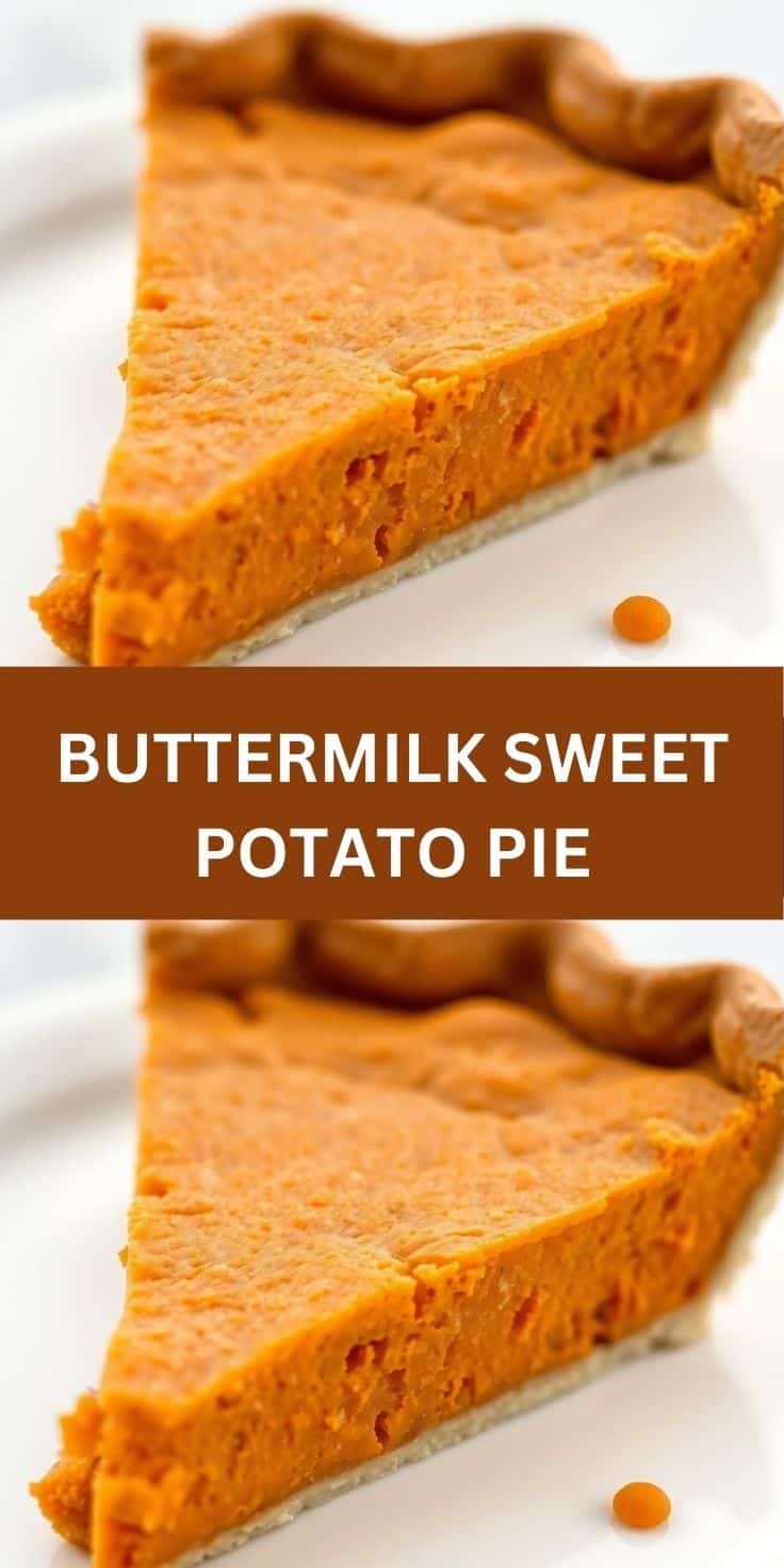 Slice of buttermilk sweet potato pie with golden filling and pastry crust on white plate.