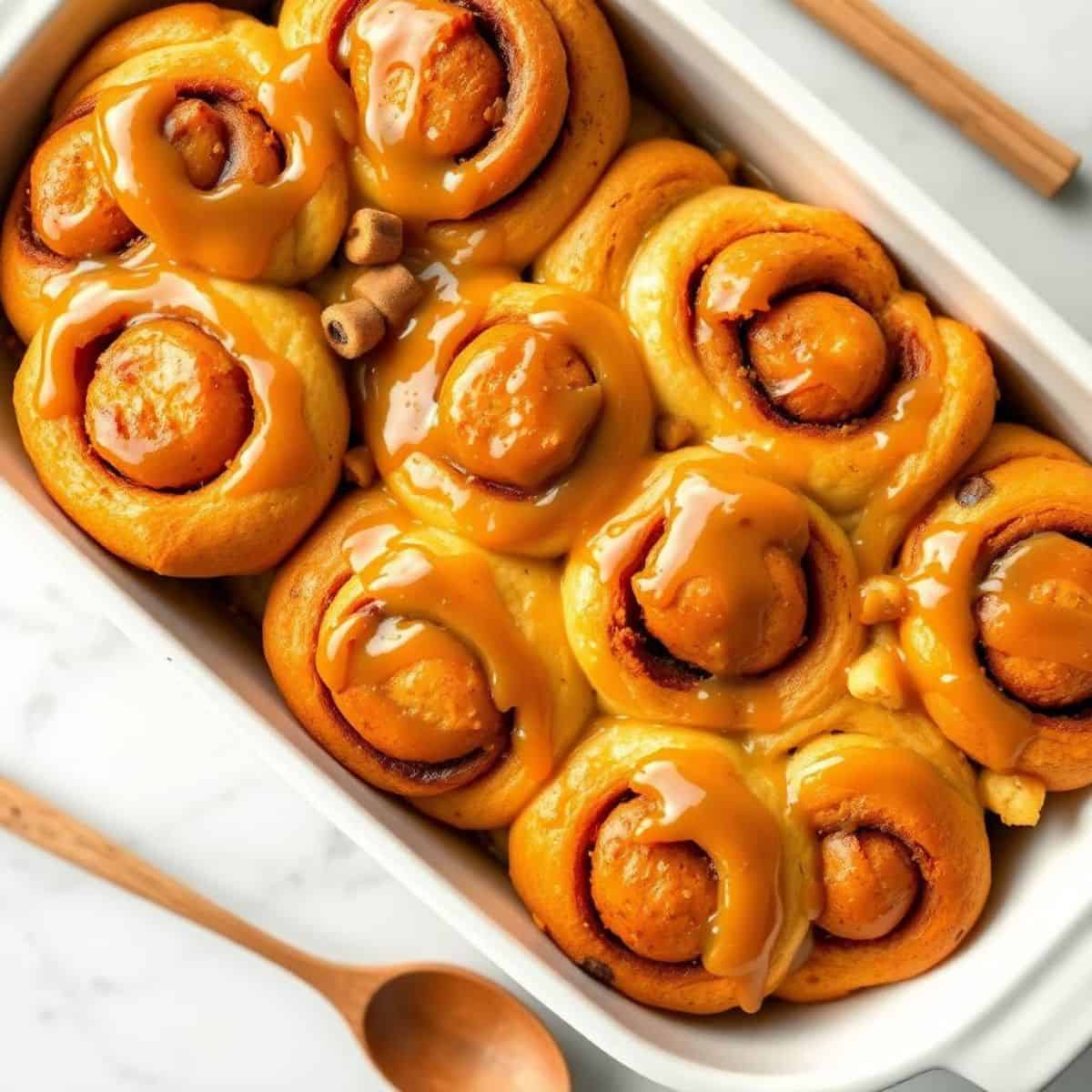 Caramel apple cinnamon rolls with glossy caramel glaze in a white ceramic baking dish.