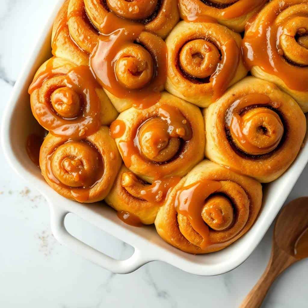 Caramel apple cinnamon rolls glazed in amber caramel sauce in white baking dish.
