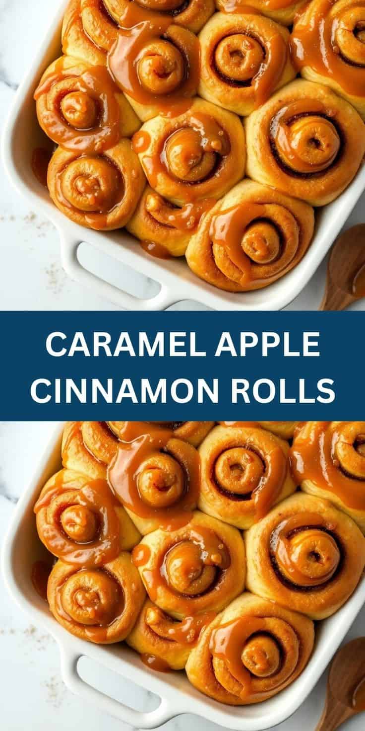Caramel apple cinnamon rolls in white baking dish with glossy caramel glaze and cinnamon swirls.