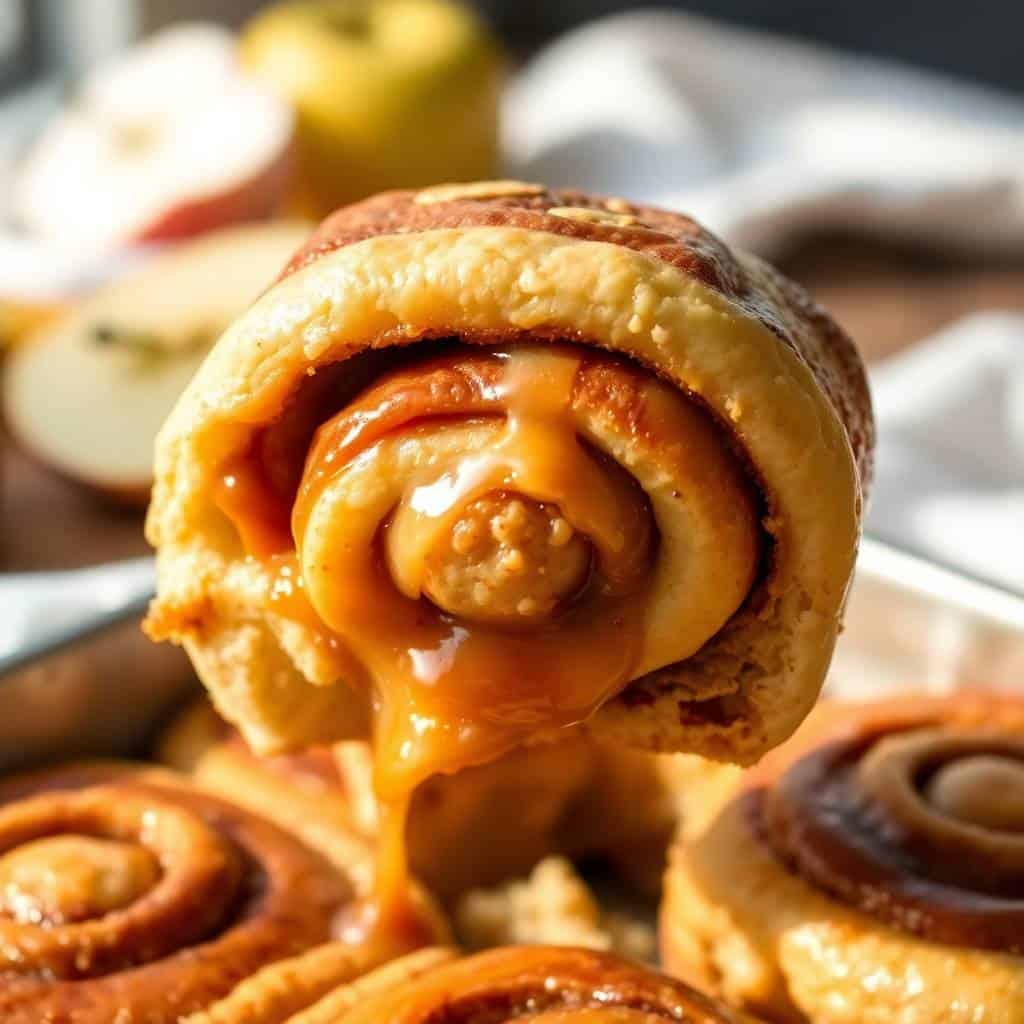 Glazed caramel apple cinnamon roll with spiral layers and golden-brown baked surface on parchment paper.