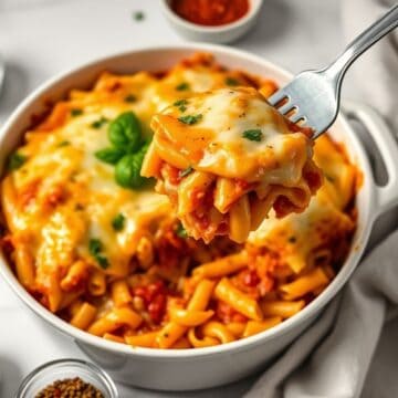 Cheesy baked ziti in white bowl with melted cheese, fresh basil garnish, fork lifting a portion.