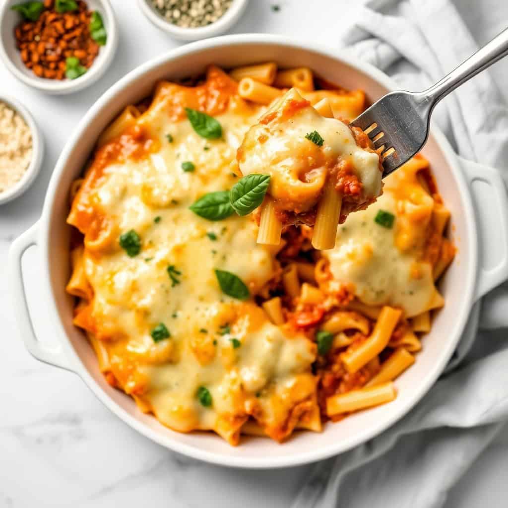 Cheesy baked ziti in white bowl, melted cheese top, fresh basil garnish, fork lifting pasta.