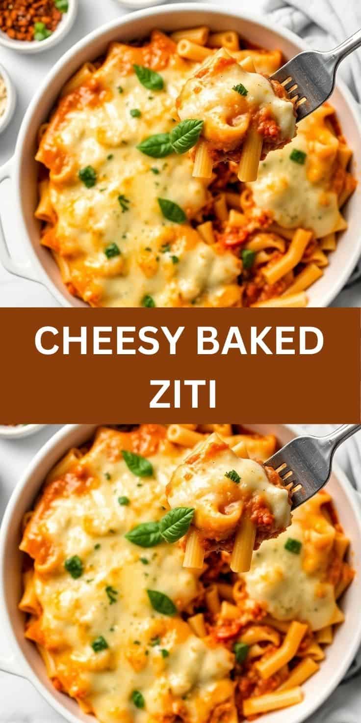 Cheesy baked ziti in white bowl with melted cheese, pasta, tomato sauce, fresh basil and parsley garnish.