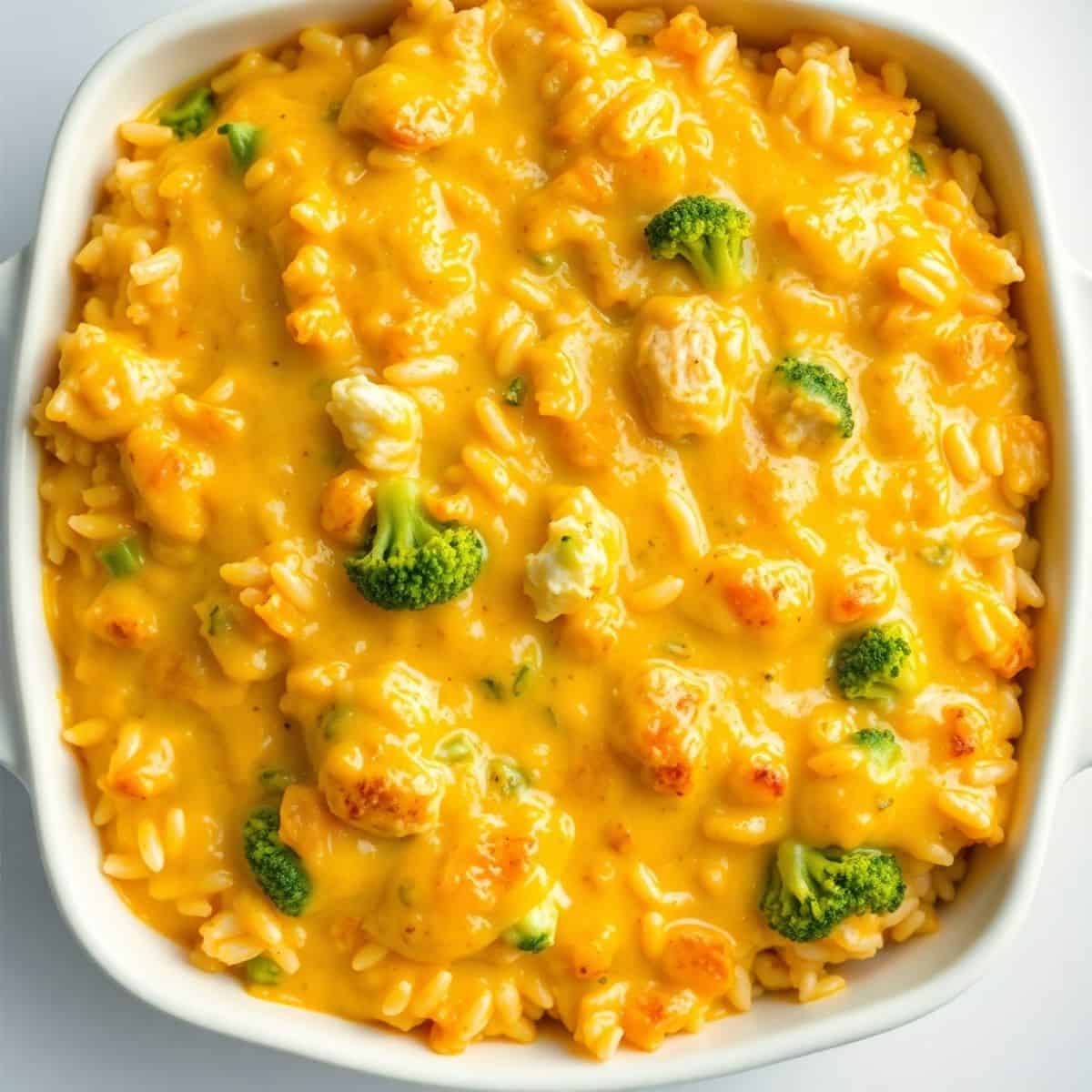 Cheesy chicken and rice casserole in white baking dish with melted cheese and broccoli florets.