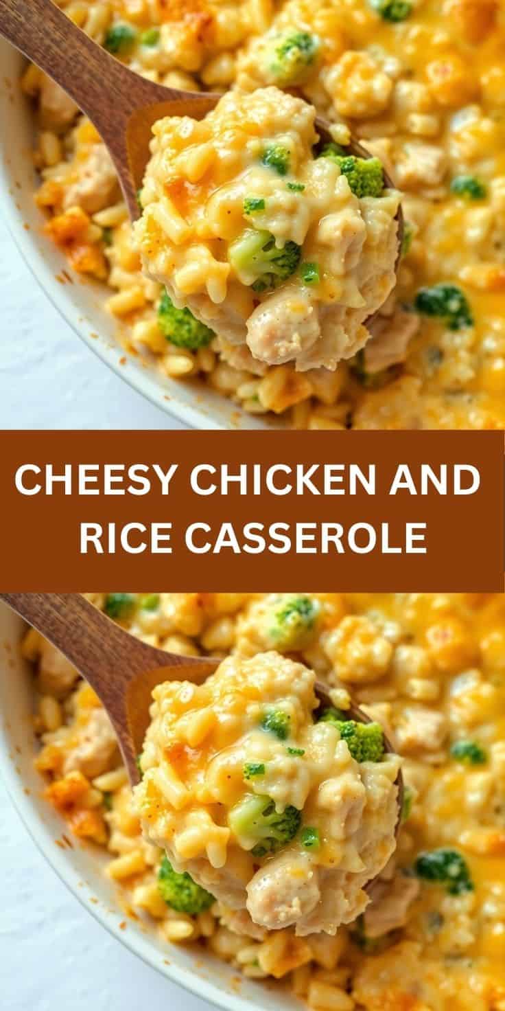 Cheesy chicken and rice casserole with melted cheese, broccoli garnish, wooden spoon, white dish.