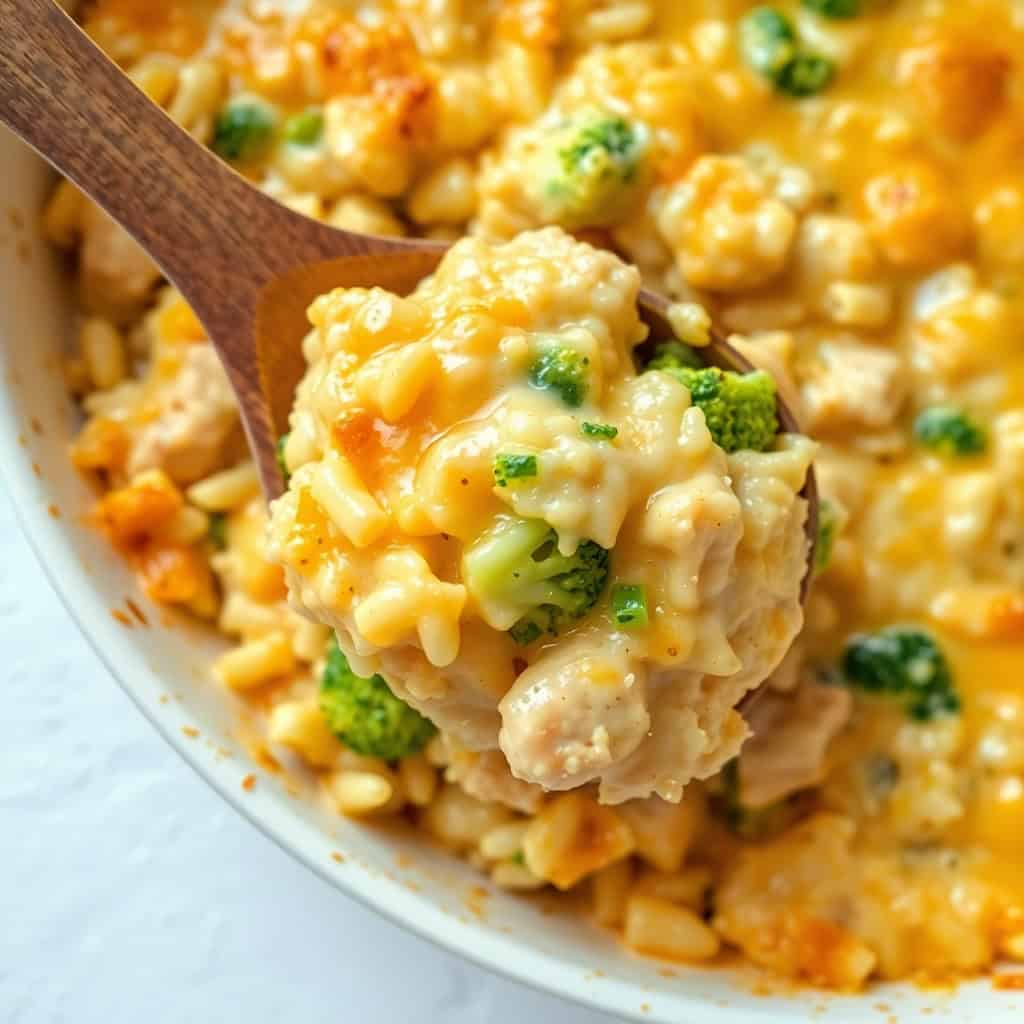 Cheesy chicken and rice casserole with broccoli being served with a wooden spoon from a white dish.