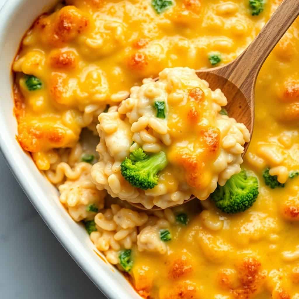 Cheesy chicken and rice casserole with broccoli, melted cheddar cheese, served in white dish with wooden spoon.