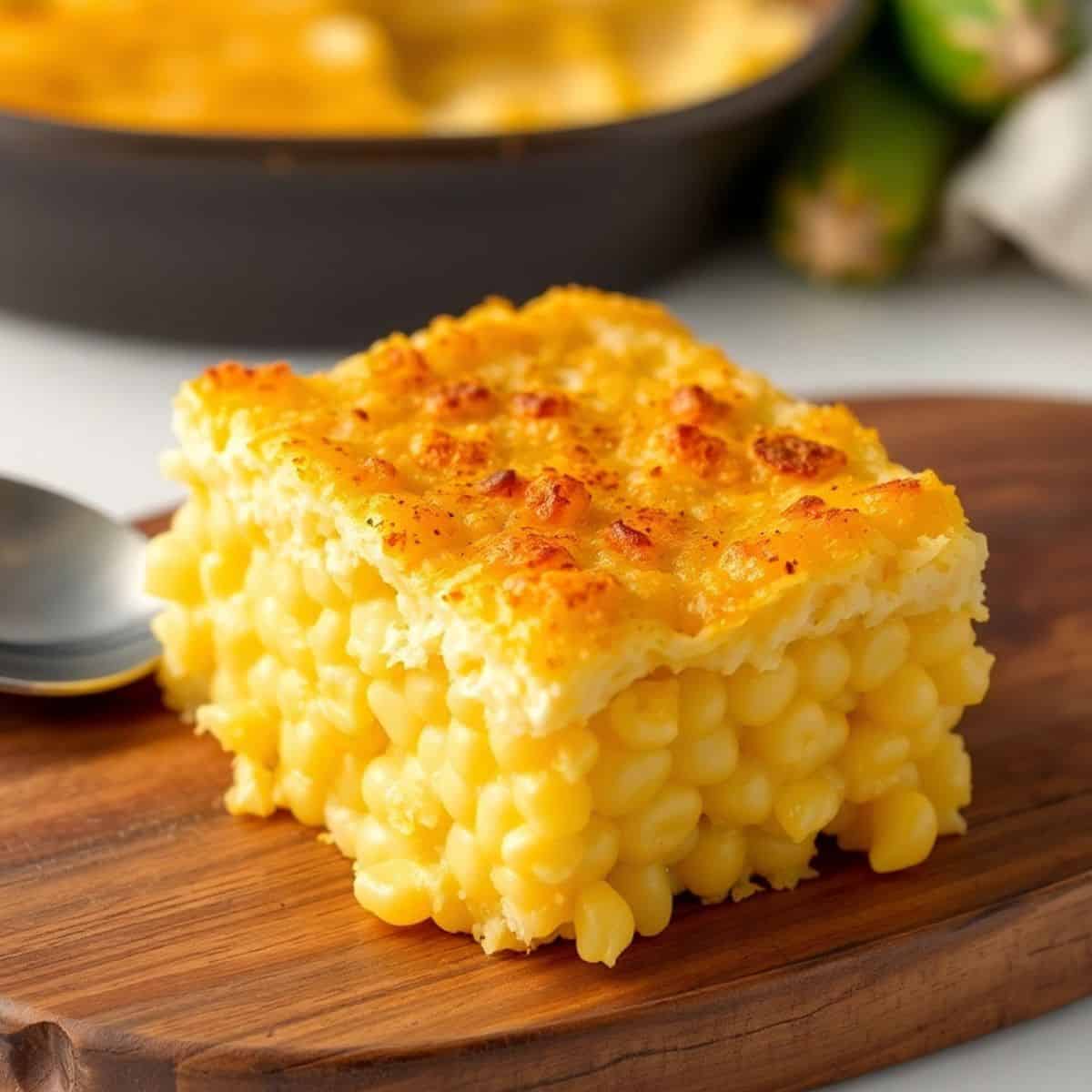 Golden-brown baked cheesy corn casserole squares with crispy tops on wooden serving board.